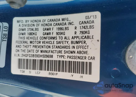 2013 Honda Civic Lx z USA, uszkodzony, nr VIN 2HGFG3B59DH509698